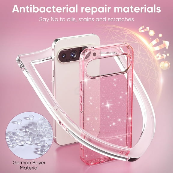 for Google Pixel 9 Pro XL Case Bling Sparkle Clear Military Grade Drop Protection Anti Yellowing Glitter Cell Phone Cover - Rugged Shockproof Protective Transparent Cases for Women Girls,Pink