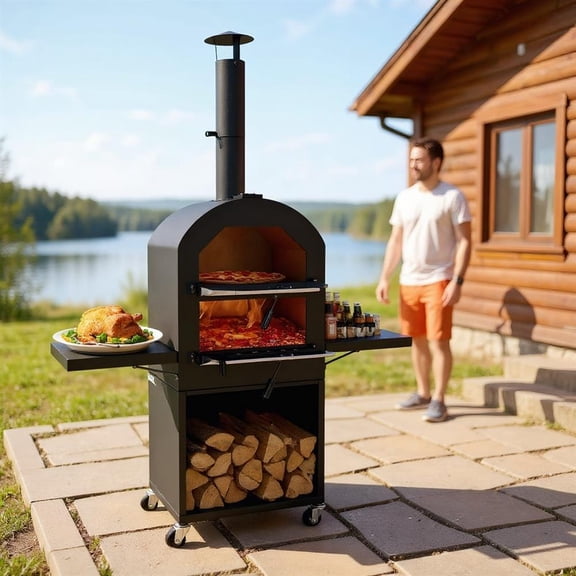 Topcobe Outdoor Pizza Oven with Protective Cover and Grill Racks and Built-in Thermometer, Cooking Space for Backyard, Patio and Parties