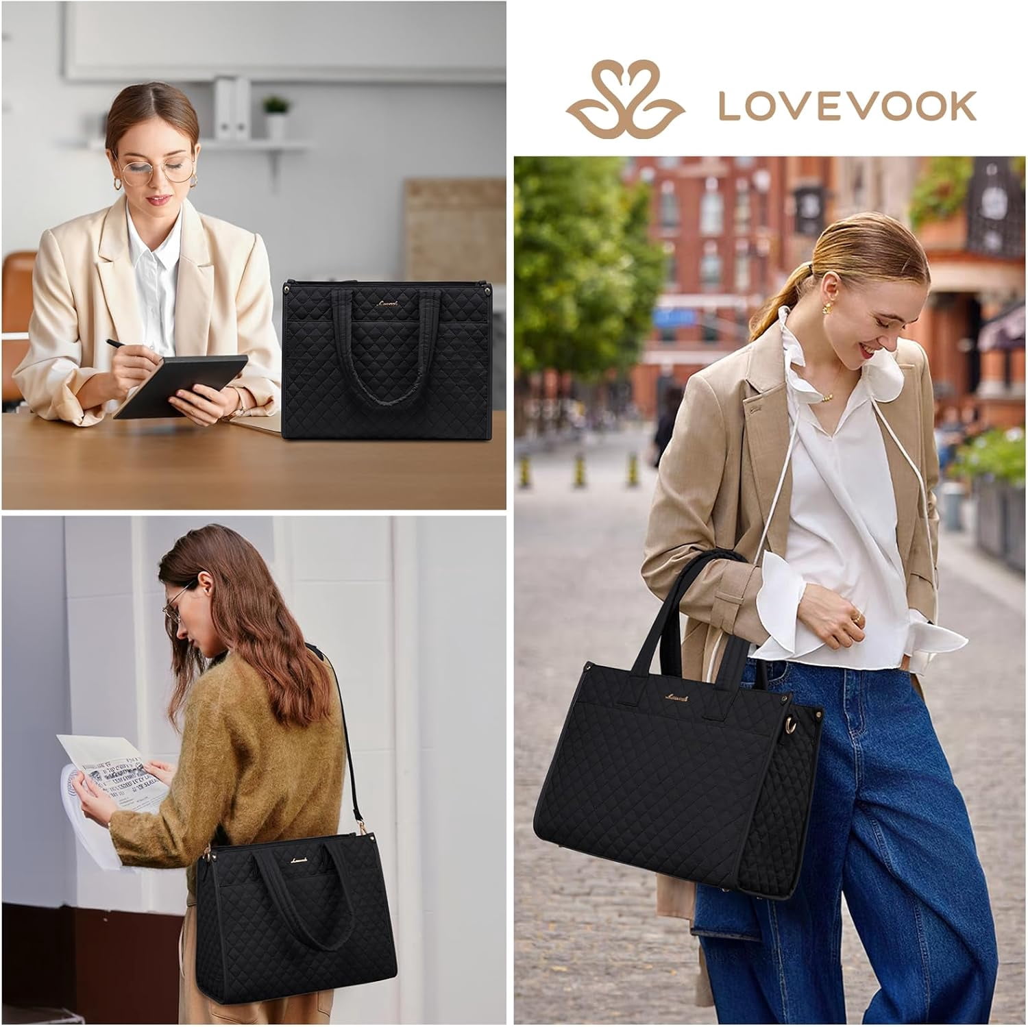 LOVEVOOK Laptop Bag for Women,15.6 Inch Laptop Tote Bag,Quilted Work Tote Bags Women, Professional Computer Business Teacher Tote Bag Office Briefcase Purse,Lightweight Shoulder Travel