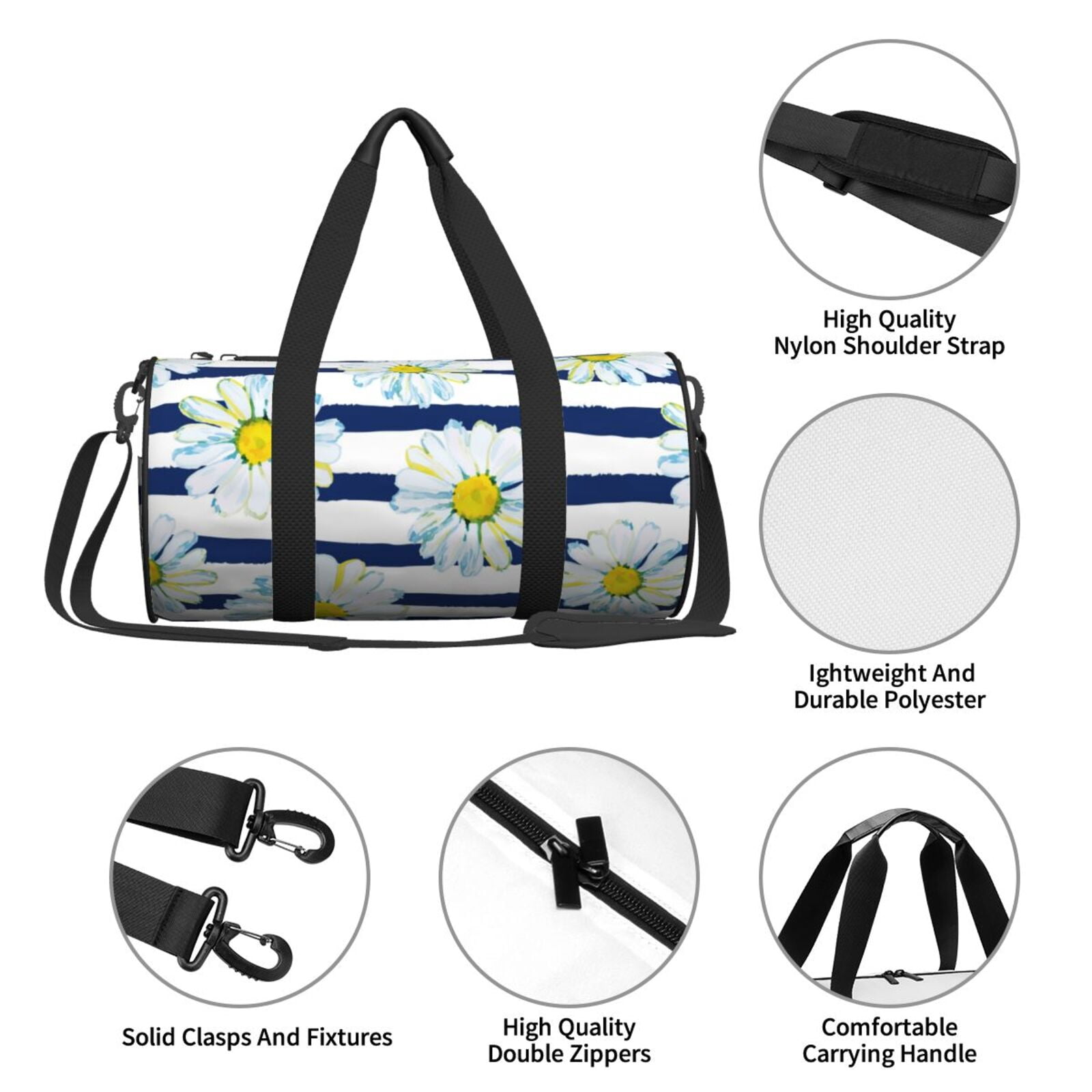 Vsdgher Daisy Striped Nautical 45L Foldable Duffel Bag, Sports Gym Bag,Overnight Bag, Portable Weekender Bag for Airplanes