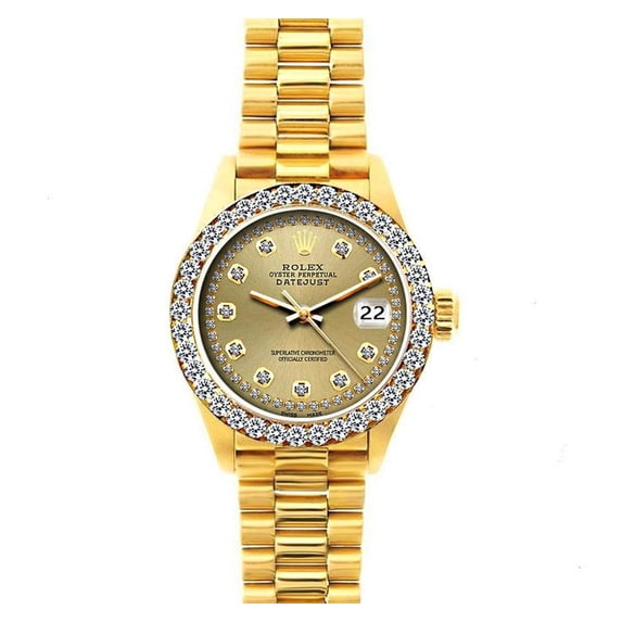 Pre-Owned Rolex Datejust 26MM 69178 Champagne Diamond Dial Diamond Bezel 18K Yellow Gold President Bracelet 1.2ct