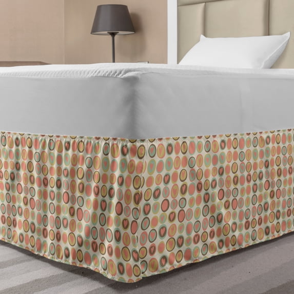 Love Bed Skirt, Cartoon Style Romantic Pastel Tone Rounds and Hearts Doodle Like Drawings, Elastic Bedskirt Dust Ruffle Wrap Around for Bedding Decor, 4 Sizes, Coral Pale Sage Green, by Ambesonne