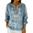 thumbnail image 2 of Womens Boho Linen Tops 3/4 Sleeve Shirt V Neck Floral Printed Beach Travel Outfits for Women Spring Summer (XL, Light Blue), 2 of 5