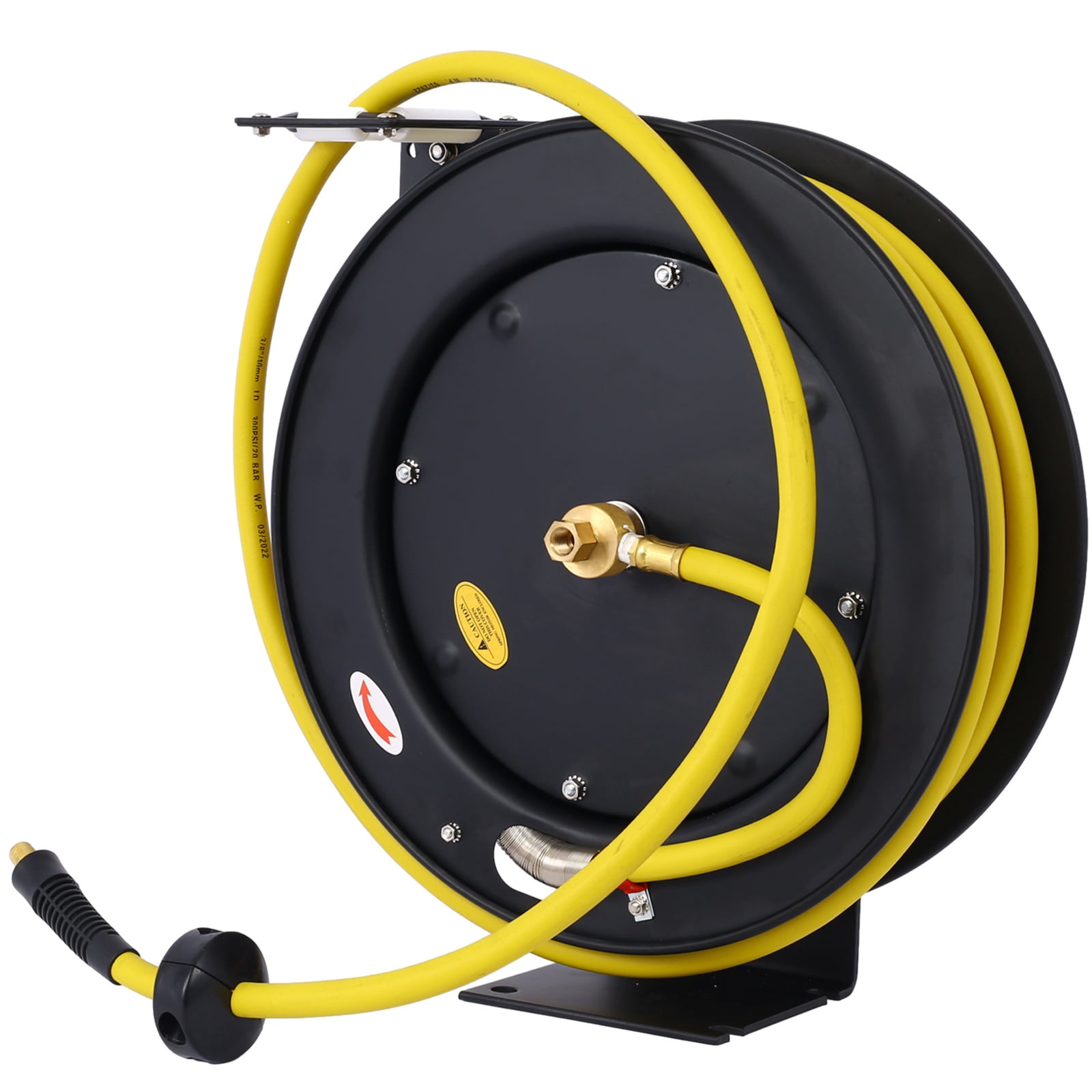 Heavy Duty Retractable Air Hose Reel, 3/8" x 50' SBR Rubber Hose, 300PSI, All-Steel Construction, 12-Position Ratchet Lock, Smooth Self-Leveling Retraction
