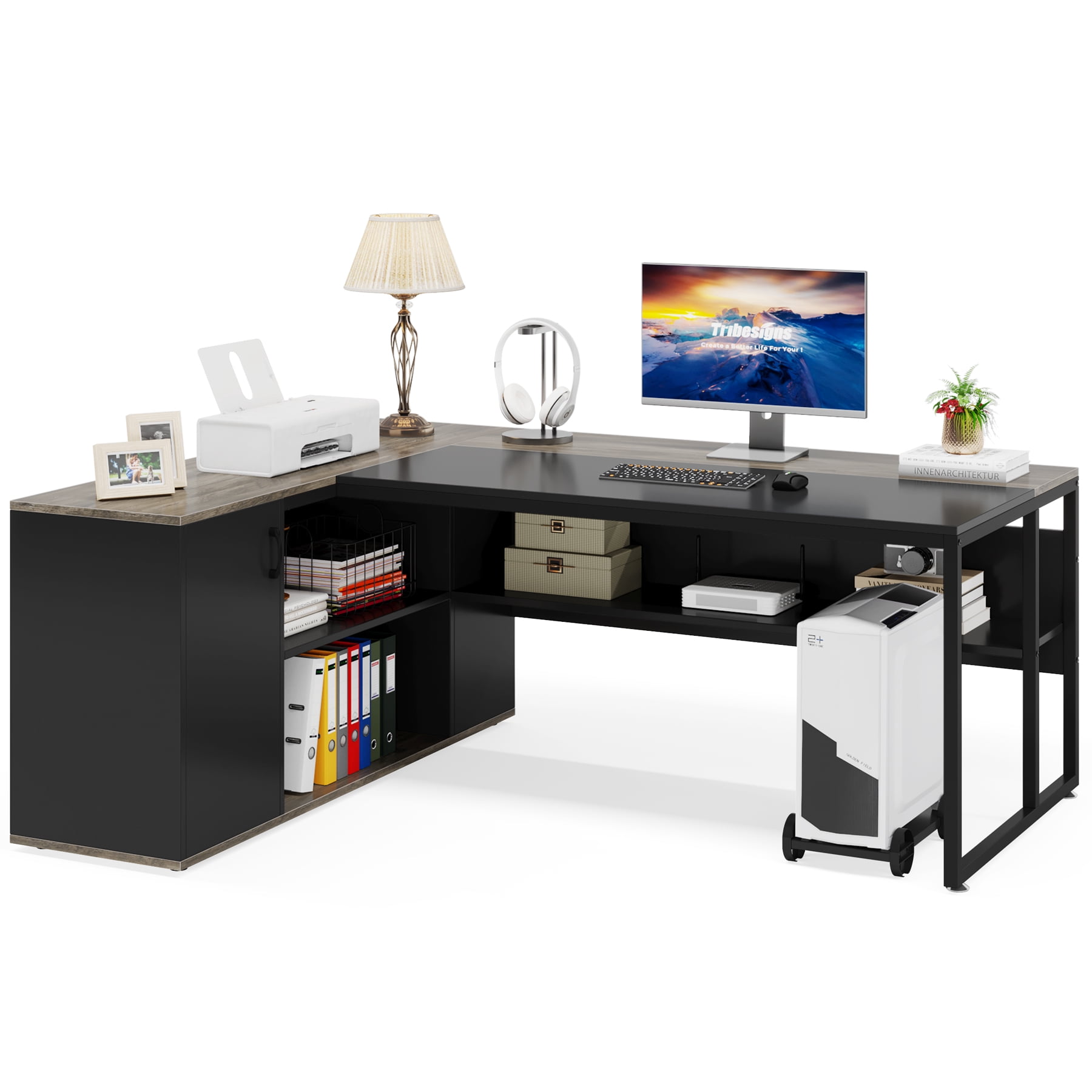 Tribesigns 71-Inch L-Shaped Executive Desk with Cabinet Storage & Shelves, Gray