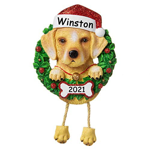 Custom Name and Date Personalized Black Labrador Retriever Dog Christmas Ornament Lab Glitter Santa Hat and Christmas Holly Wreath Hanging Paws Christmas Tree Decoration Gift Dog Lover 
