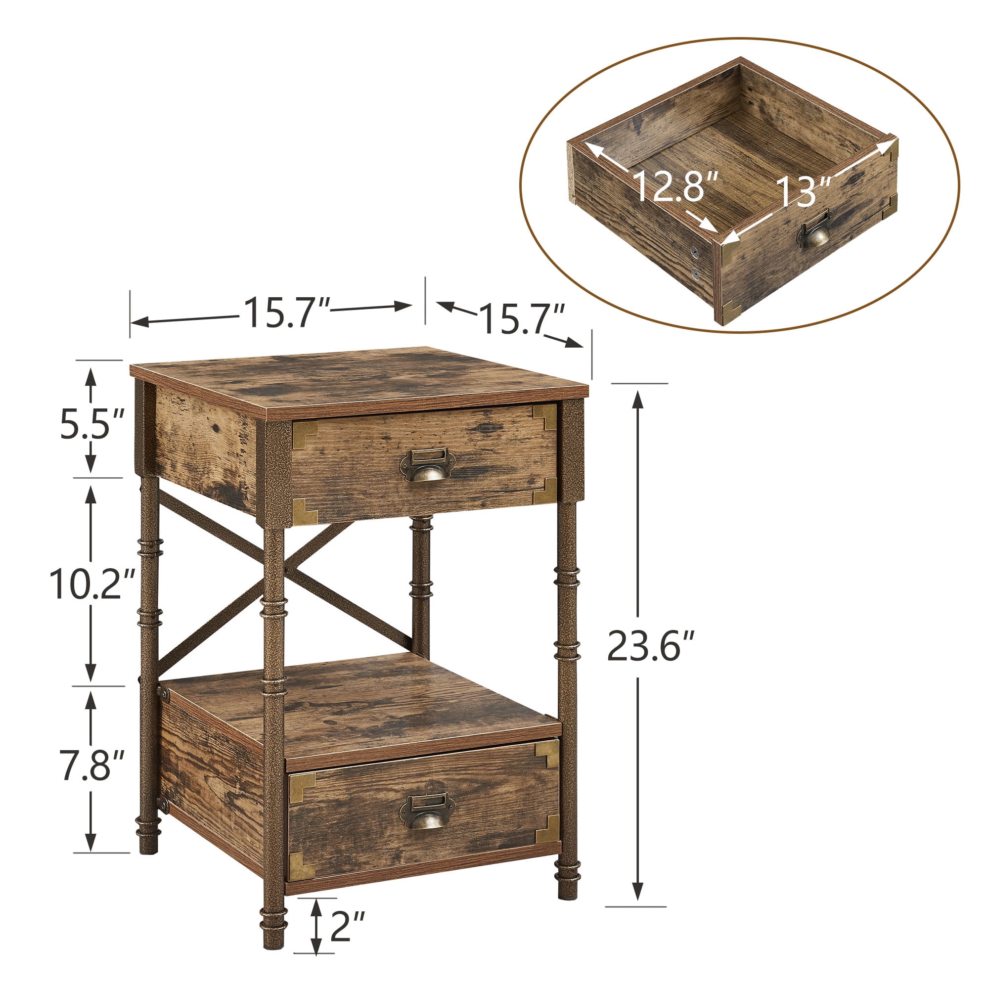 Javlergo Nightstand with 2-Drawer, Vintage End Side Table, Stable Frame, Brown