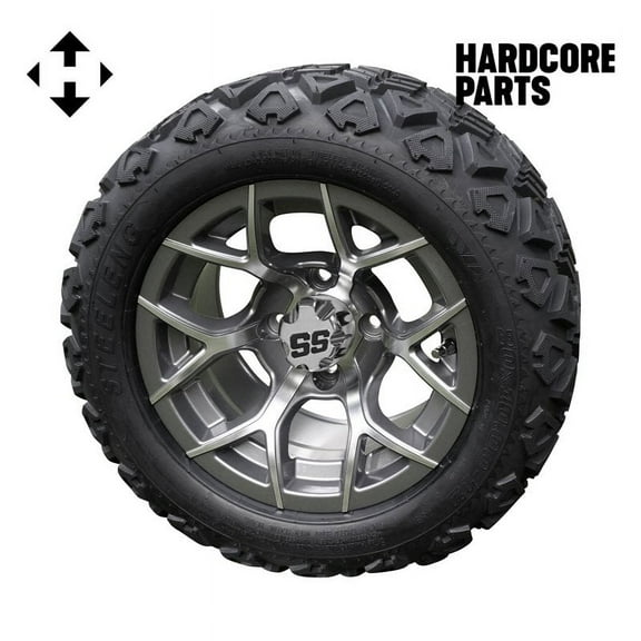 Hardcore Parts 12" Machined/Gunmetal 'Rally' Golf Cart Wheels and 20″x10″-12″ DOT rated All-Terrain tires - Set of 4, includes Chrome 'SS' center caps and 1/2x20 Chrome lug nuts