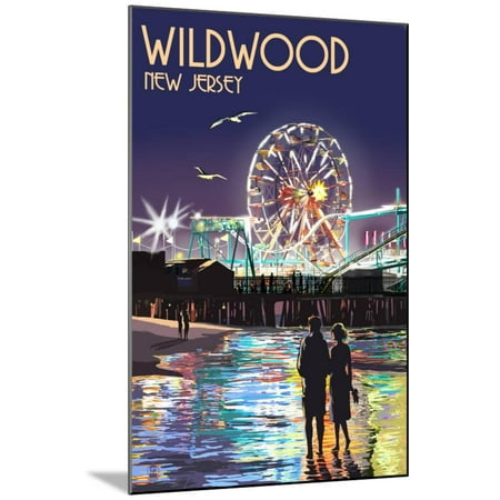 Ride Print Jersey - Wildwood, New Jersey - Pier and Rides at Night Wood Mounted Print By Lantern Press