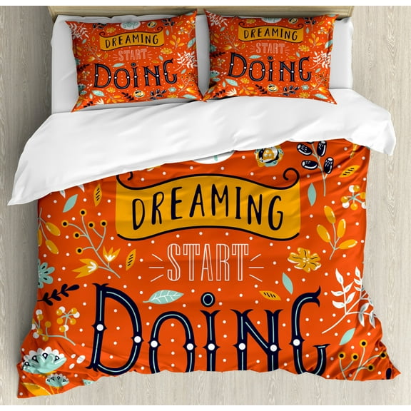 Quote Duvet Cover Set Queen Size, Stop Dreaming Start Doing Lettering Motivational Composition Flowers and Foliage, Decorative 3 Piece Bedding Set with 2 Pillow Shams, Multicolor, by Ambesonne