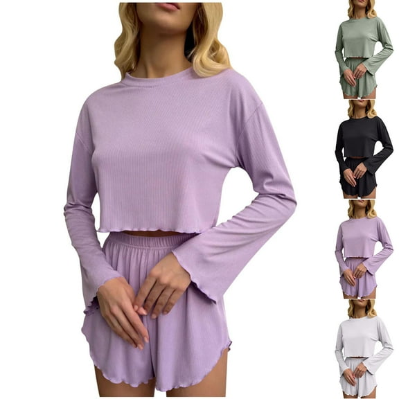 Bovxnpu Pajamas for Women Set Loungewear Set, Women 2 Piece Lounge Set Long Sleeve Tops and Shorts Soft Sleepwear Nightwear