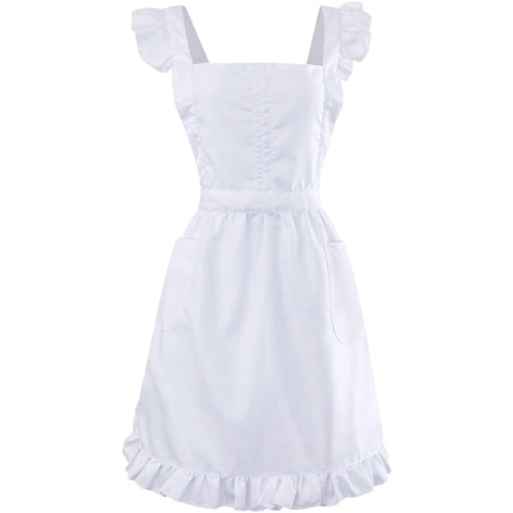 Jiibva Womens Maid Ruffle Outline Retro White Apron with Pockets Adjustable Victorian Bib Maid