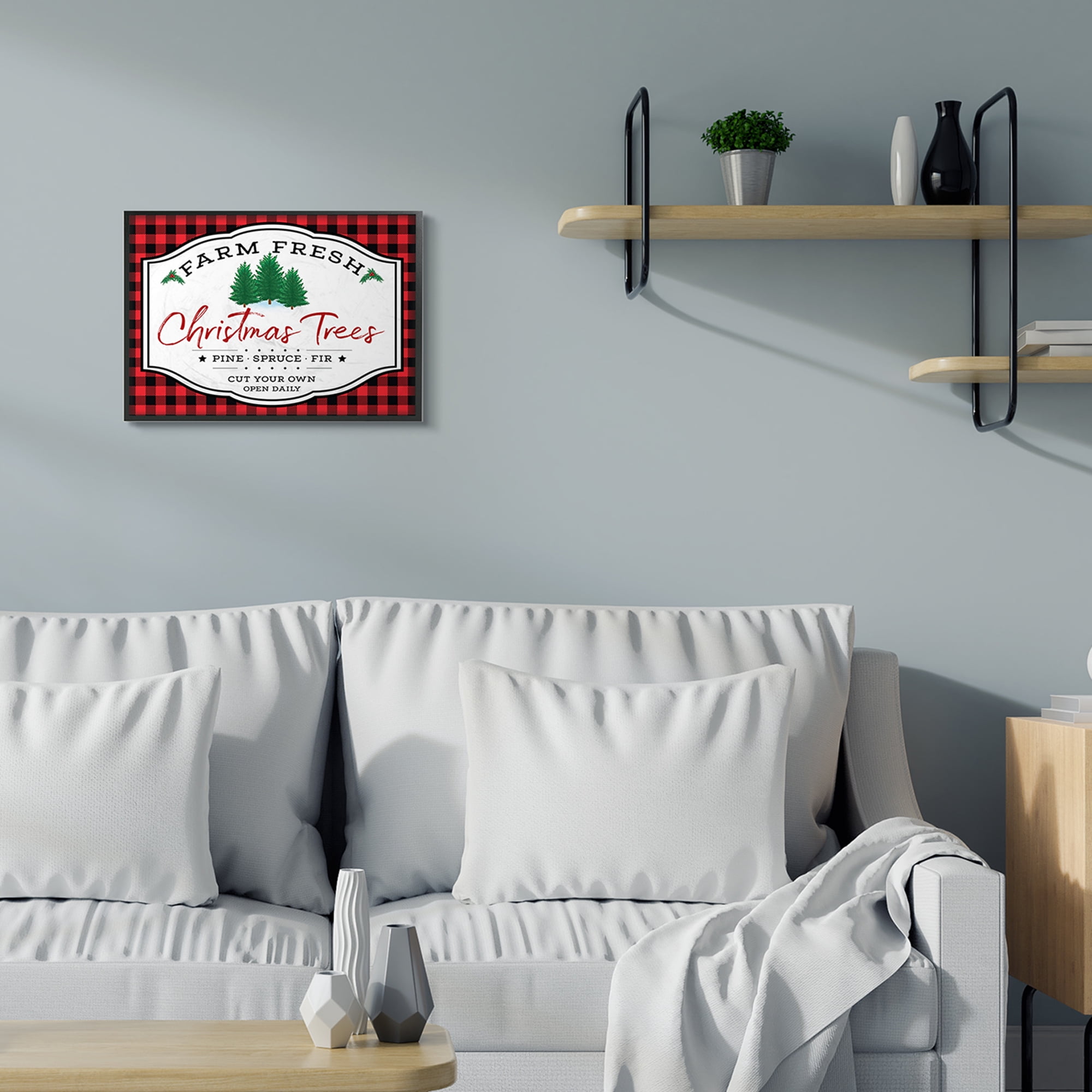 Stupell Indtries Farm Fresh Christmas Tree Sign Red Buffalo Plaid Black Framed, 16 x 20, Design by AE Design