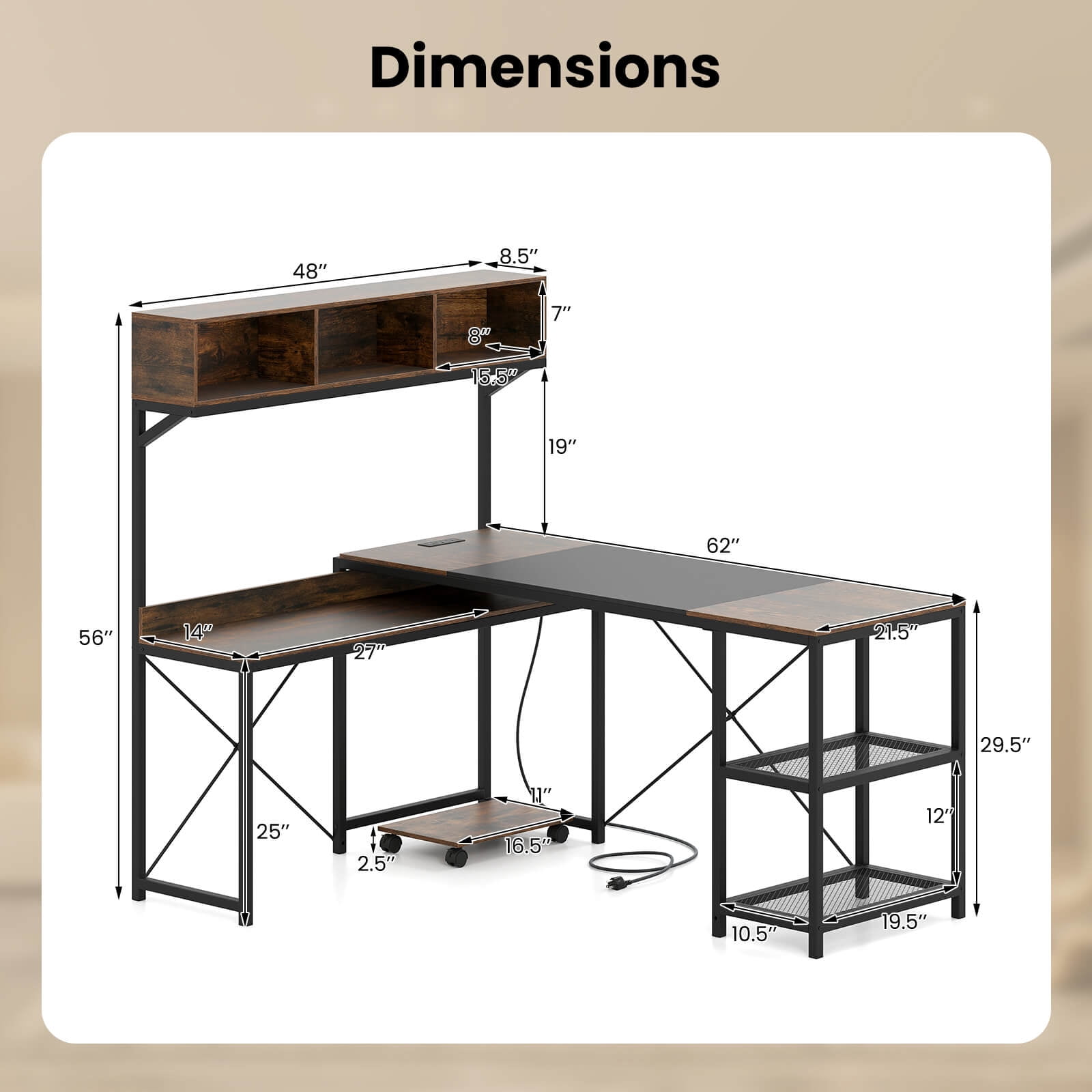 Costway L-Shaped Computer Desk with Power Outlets, 62” Corner Desk with Storage Hutch