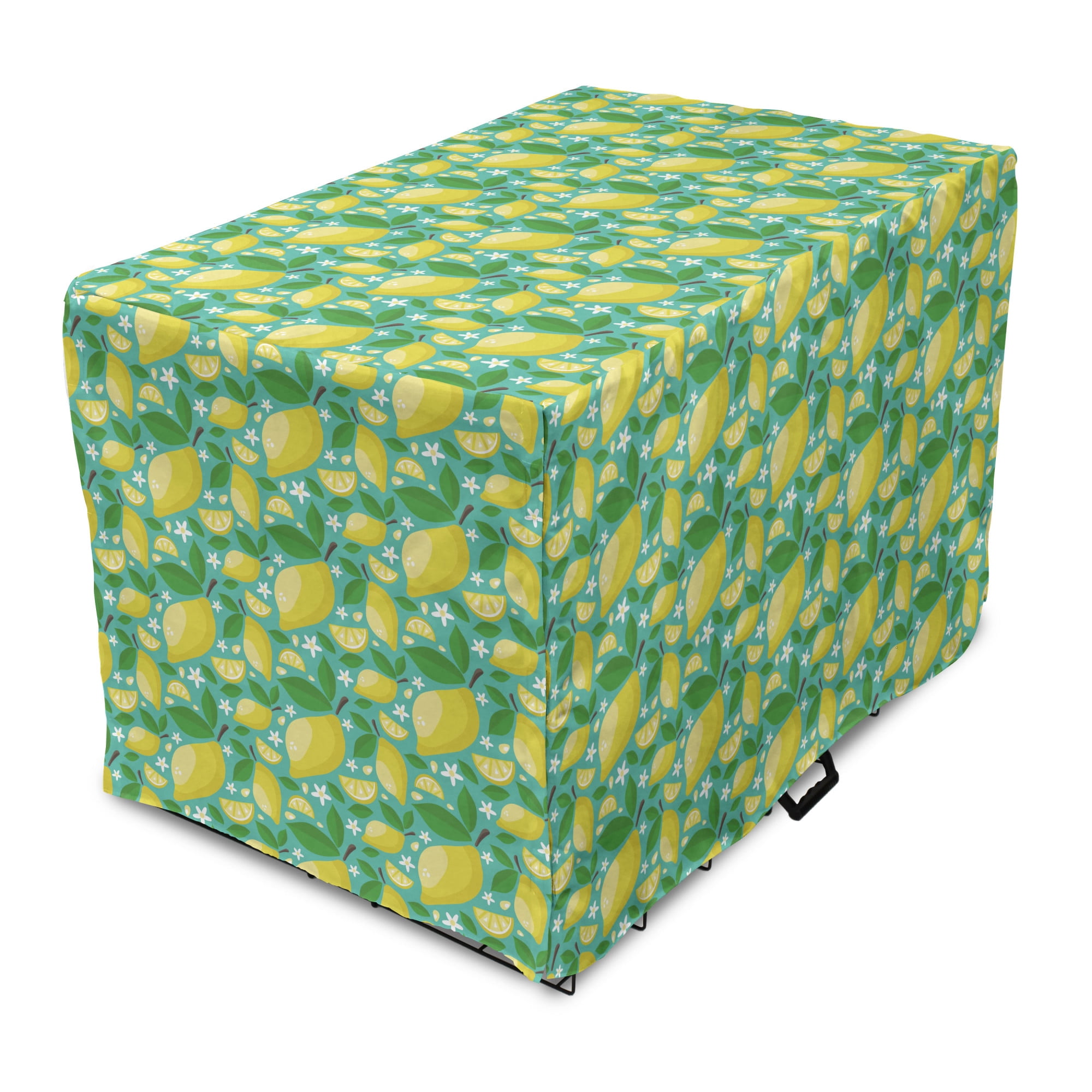 Floral Dog Crate Cover, Lemons Leaves and Blooming Flowers in Cartoon Style Summer Garden Art