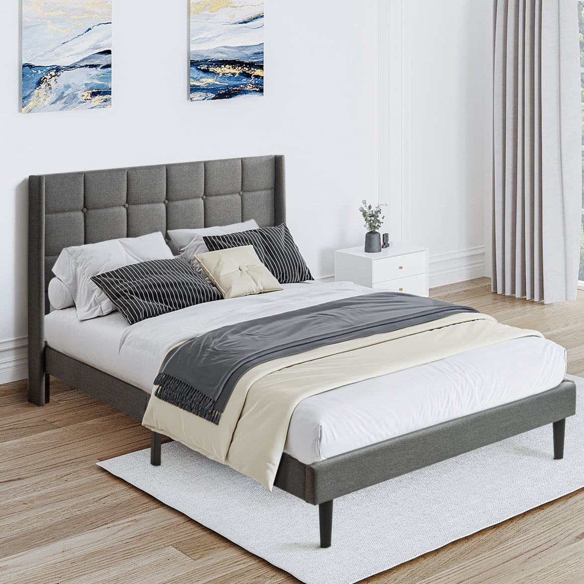 Tcbosik Upholstered Platform Bed Queen Size, Bed Frame with Button Tufted Headboard, Wood Slat Support, No Box Spring Needed (Linen Fabric, Dark Grey)