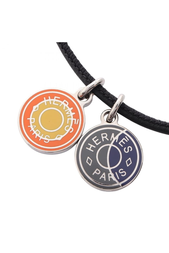 Pre-Owned Hermes Herms Eclipse Necklace in Stainless Steel and Leather, Black Silver