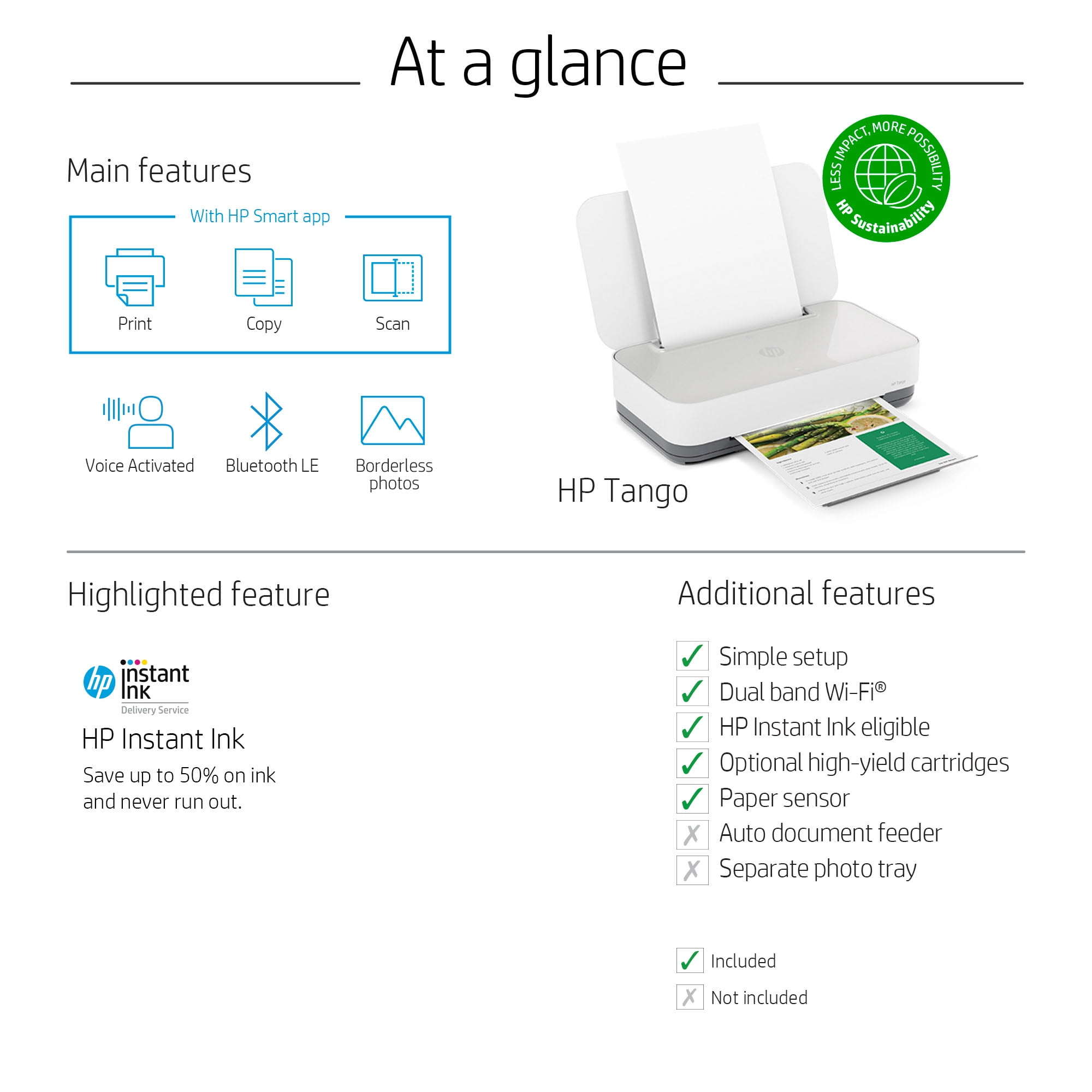 HP Tango All-in-One Smart Wireless Color Inkjet Printer Instant Ink Ready 