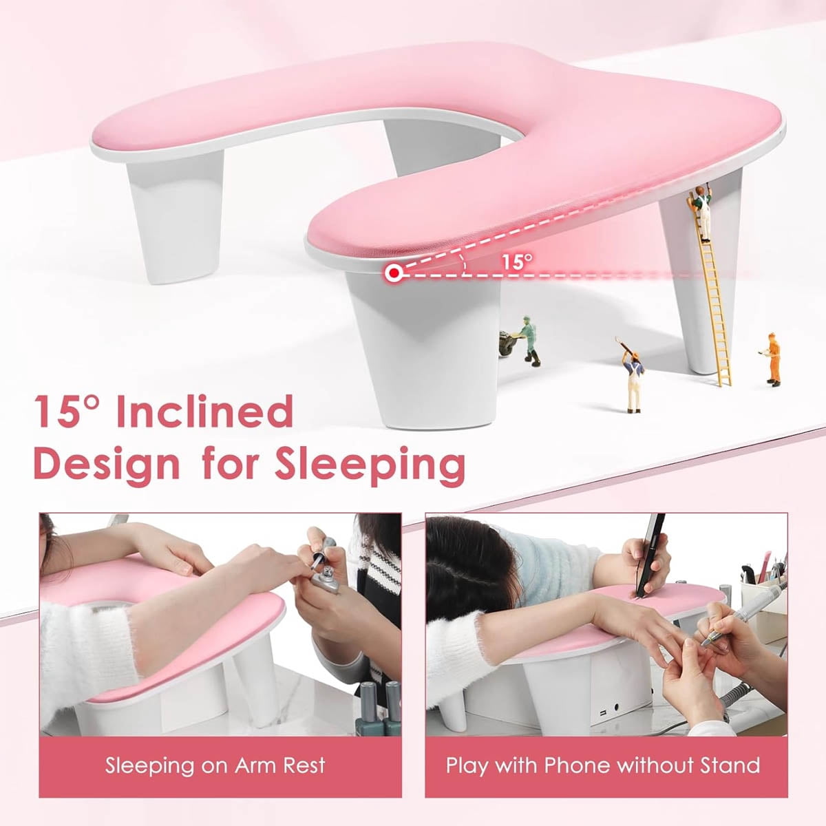 HechoVinen Arm Rest for Nails Tech,U-shaped Manicure Nail Arm Rest Stand ,Big Armrest Microfiber PU Leather Hand Rest Pillow for Acrylic Nail Cushion,Pink