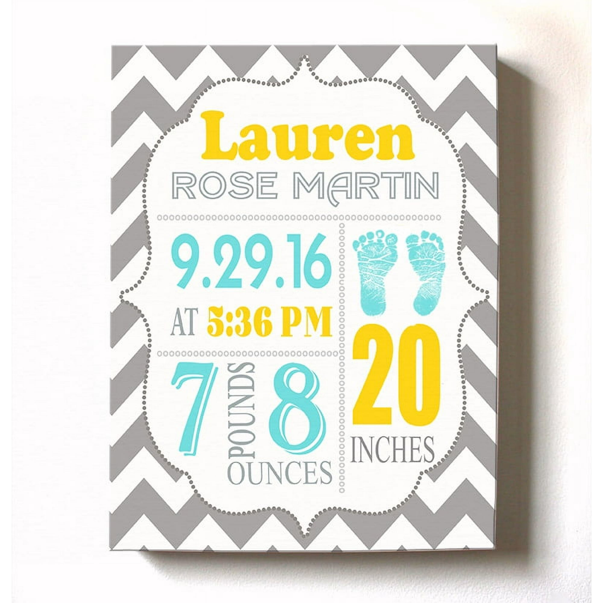 Personalized Canvas Birth Announcement Nursery Decor Gift, Footprint Design, Custom Name, Date, Weight & Length, Unique Boys & Girls Baby Shower Wall Art Presents, Color Gray # 11, Size - 12X16