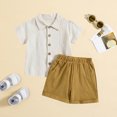 thumbnail image 2 of BLVB Baby Boy Girl Summer Clothes Toddler Infant Cotton Linen Short Sleeve Button up Dress Shirt Pocket Shorts Set 2PCS Outfit(Beige,3-4 Years), 2 of 6