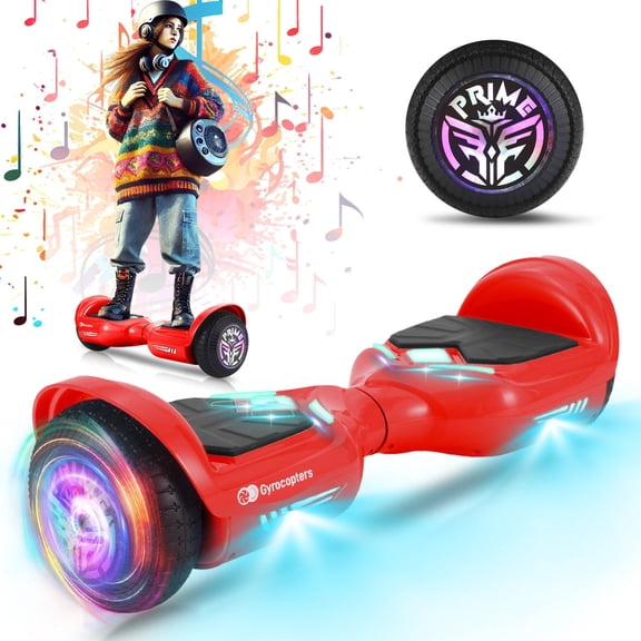 Gyrocopters Prime All New 2026 Hoverboard | Speed up to 15km/h | 6.5” wheels | 165 lbs weight capacity | UL2272 certified with Wireless Music Speaker (RED)