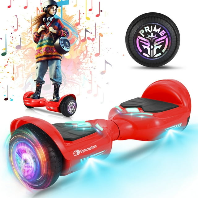 Gyrocopters Prime All New 2026 Hoverboard | Speed up to 15km/h | 6.5” wheels | 165 lbs weight capacity | UL2272 certified with Wireless Music Speaker (RED)