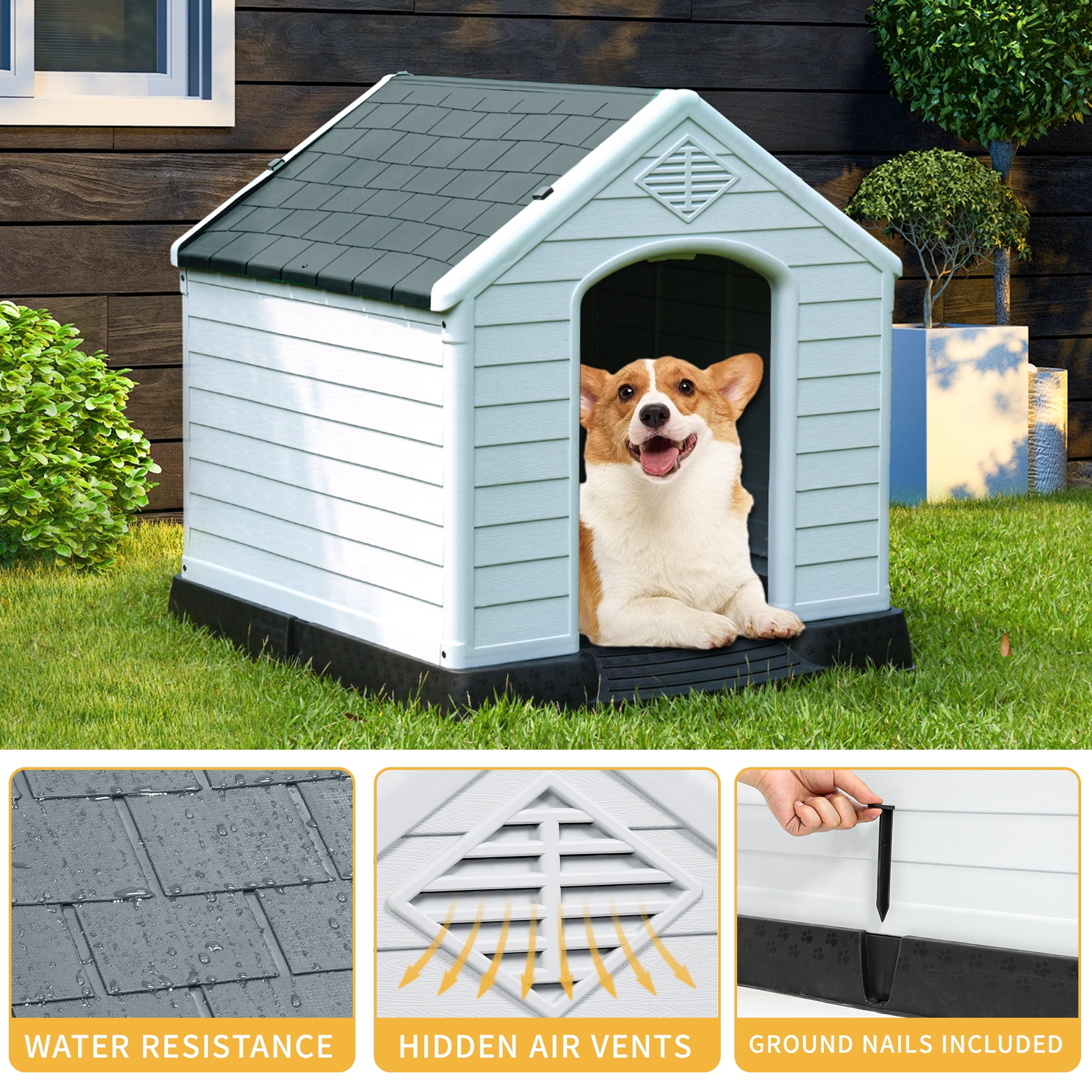 Dextrus 28" Plastic Dog House, Waterproof with Elevated Floor & Air Vents, Easy Clean & Assemble, Gray
