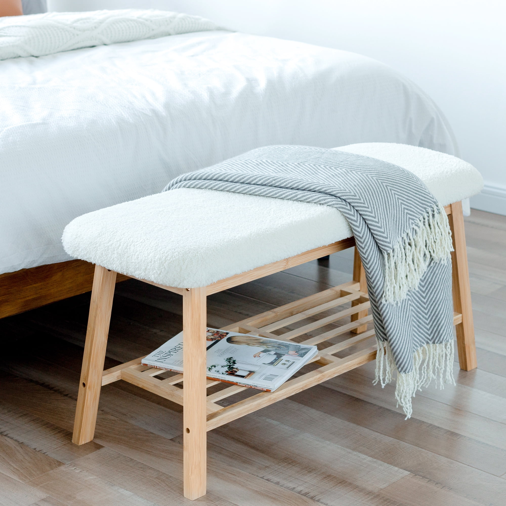Tufted Fabric Bench Ottoman Bench, White