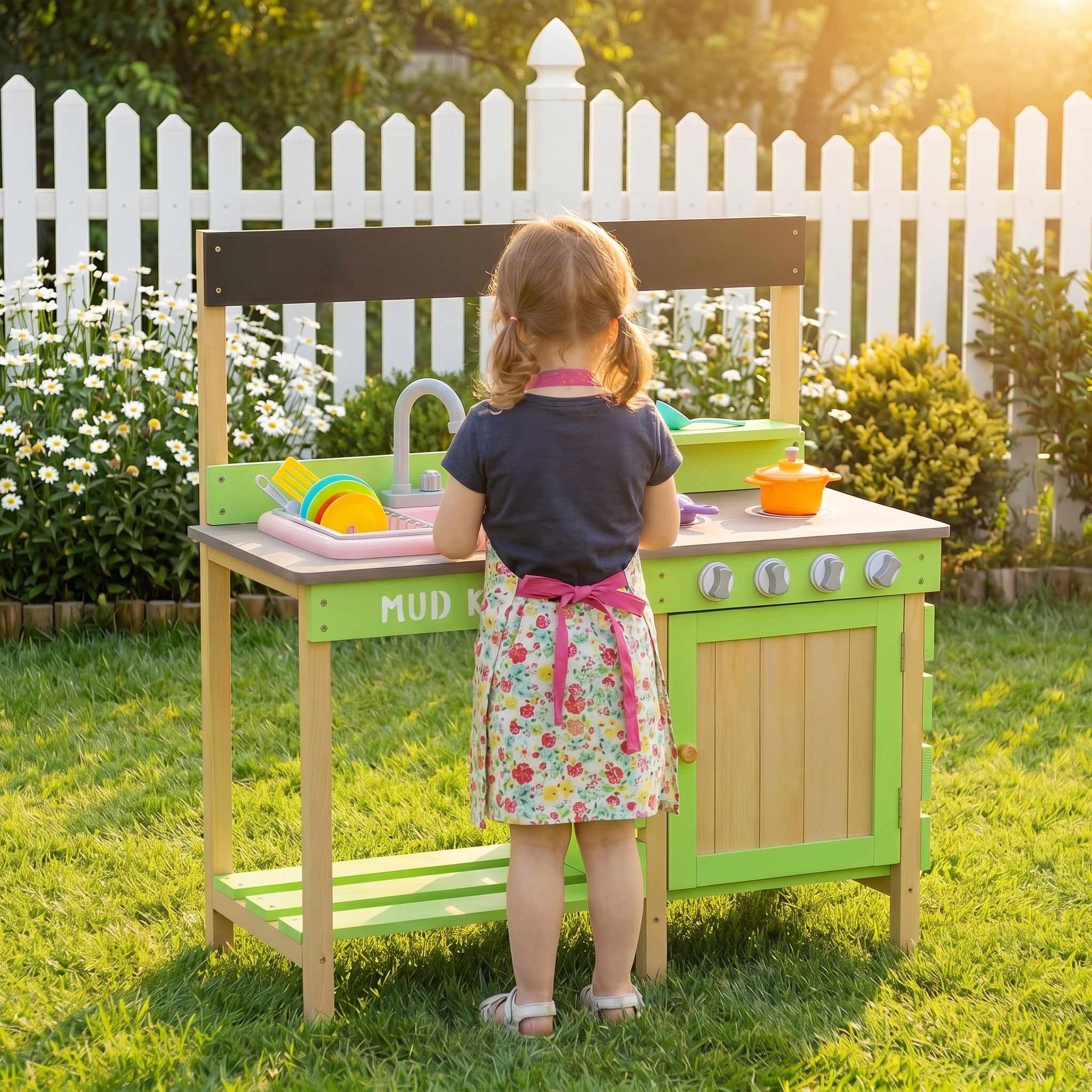 Wooden Kids Play Kitchen, Outdoor Mud Kitchen with Water Play Set and Cooking Toys, Storage Cabinet & Drawer, Pretend Role Play Gift for Boys Girls Ages 3-8
