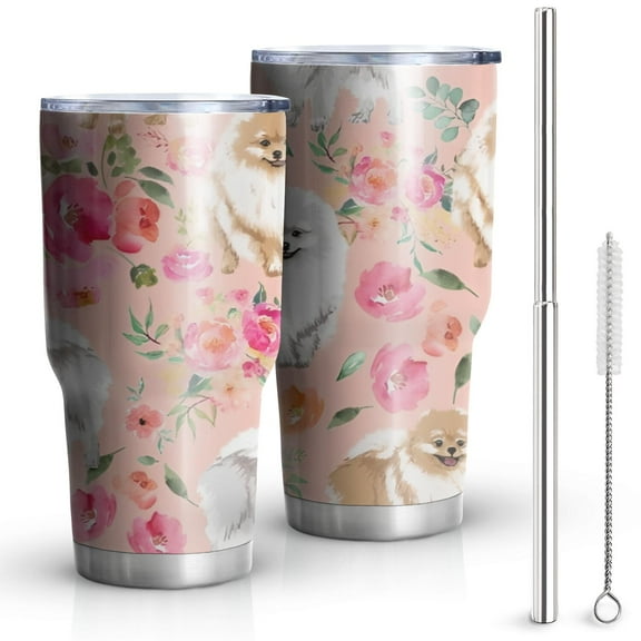 30oz Pomeranian Dogs and Flowers Tumblers Stainless Steel Tumbler with Lid and Straw,Vacuum Insulated Double Wall Travel Tumbler Cups Mug with Cleaning Brush for Coffee,Tea
