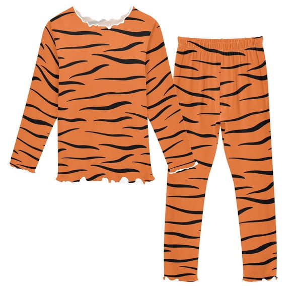 Girls Pajama Set Orange Tigers Print Kids Long Sleeve 2 Piece Sleepwear 7-8Y
