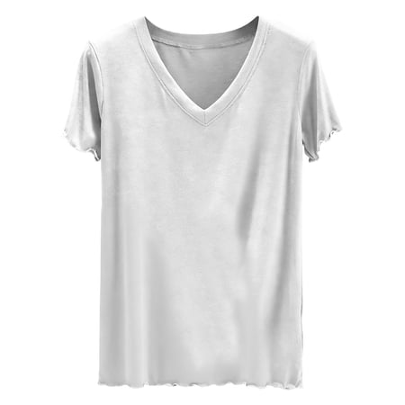 Qiopertar Women s V-Neck Short Sleeve Pullover Top Casual Loungewear Pajama Top Solid Color Summer Comfy Relaxed Basic Tee White M