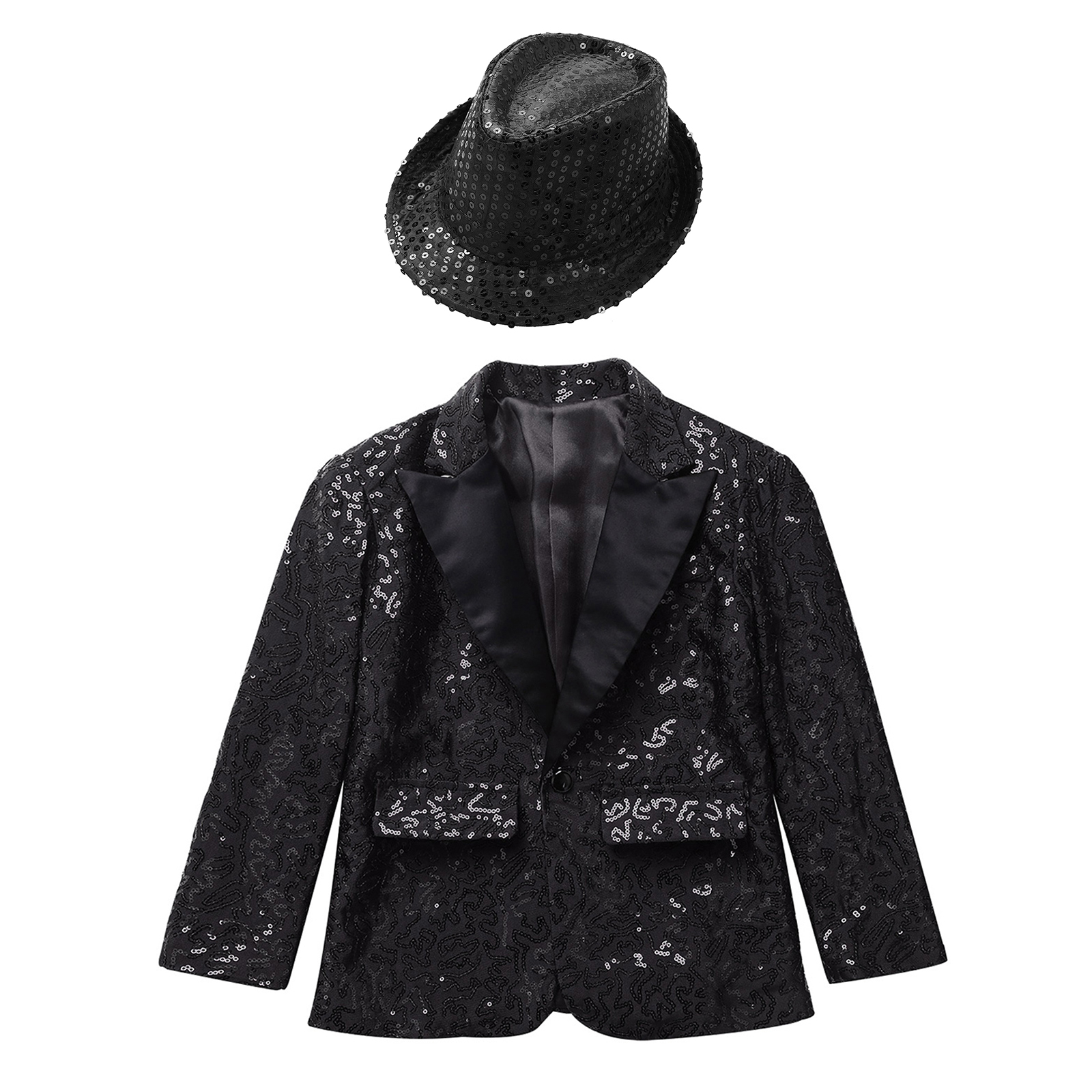 MSemis Kids Boys Shiny Sequin Suit Jacket Party Blazer Dance Tuxedo Costume with Hat,Size 6-16 Black 10 - image 3 of 6