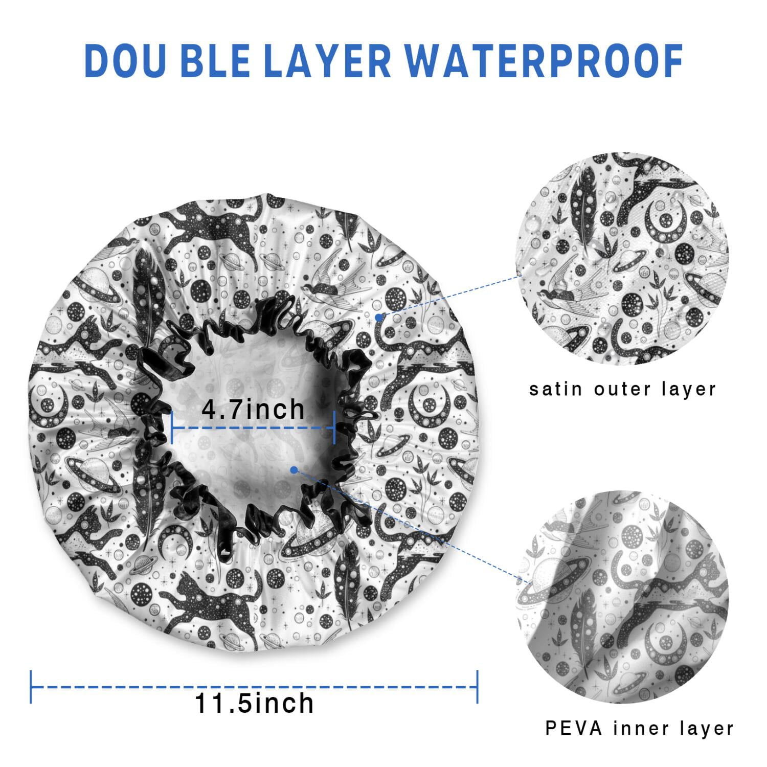 Shower Caps,White Planet Cat Feather Pattern Waterproof Shower Cap for Women 4 Pieces,Double Reusable Hair Cover for Shower PEVA Elastic Stretch Hem
