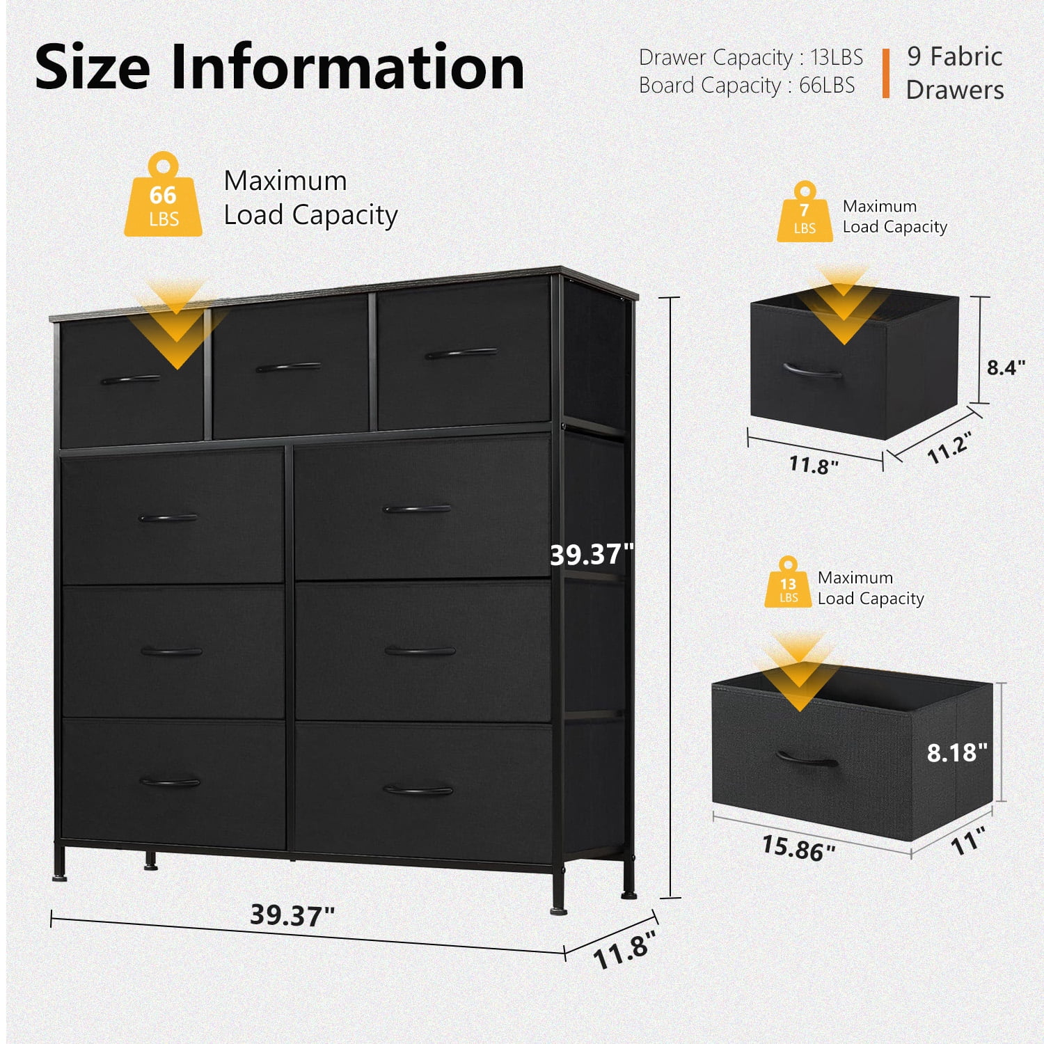 Taoset 9-Drawer Fabric Dresser with Wood Top - Compact Storage Organizer for Adult for Bedroom, Closet, Black