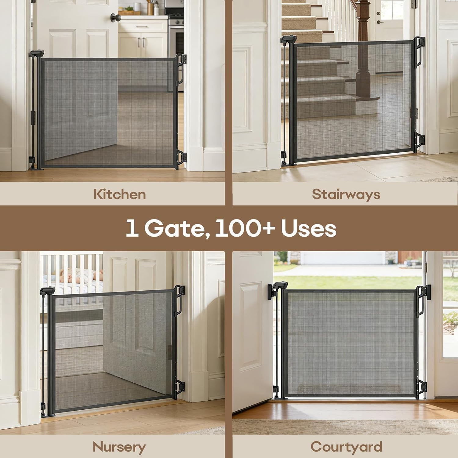 Retractable Safety Baby Gate or Mesh Dog Gate,Durable Portable Mesh Retractable Gate,Easy to Use for Stairs, Doorways, Hallways, Indoor, Outdoor, 33.5" Tall, Up to 55" Wide, Cream