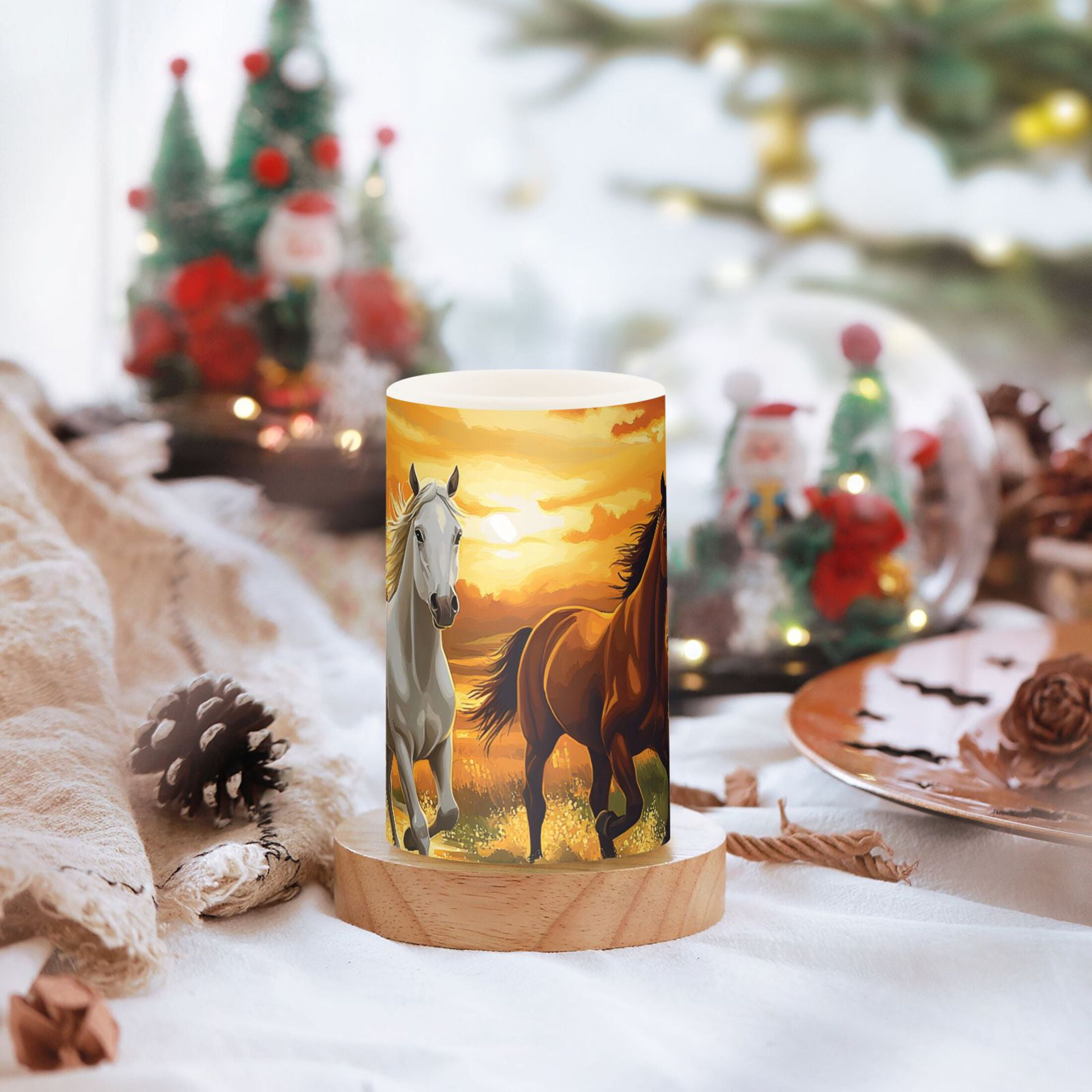 Running Horse Sunset Flickering Flameless Candles Battery Operated with Remote Timer LED Pillar Candles Set of 2