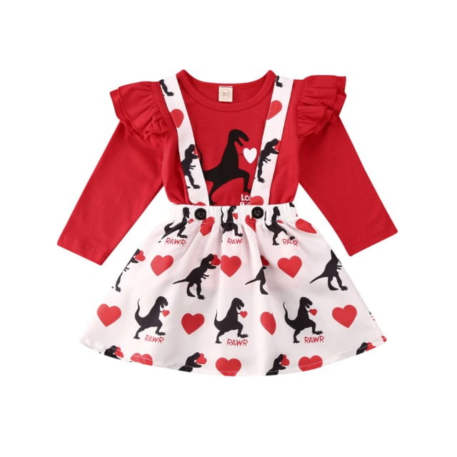 Toddler Kids Baby Girls Valentine Dinosaur Tops Suspender Skirts Outfits Clothes