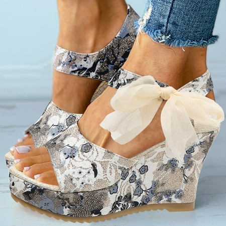 

uikmnh Women Shoes Fashion Flower Print Cloth Sandals Platform Wedge Fish Mouth Sandals Blue 7.5
