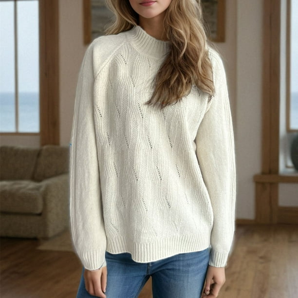 Suéter de cuello redondo para mujer, moda otoño invierno, tejido, suelto, manga larga, blusa, suéter de cuello redondo, suéter para mujer