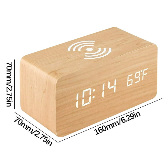 SDNall Réveil Numérique en Bois pour Chevet, Réveil Électronique Numérique avec Mode de Contrôle Sonore, Chargement Sans Fil du Téléphone et Double Affichage de la Température