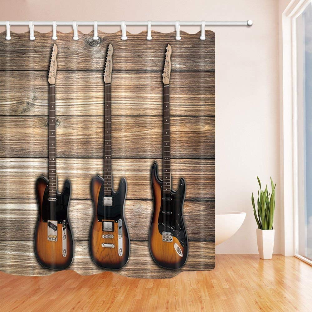WOPOP Rock Music Decor Bass Guitars on Wood Plank Polyester Fabric Bath