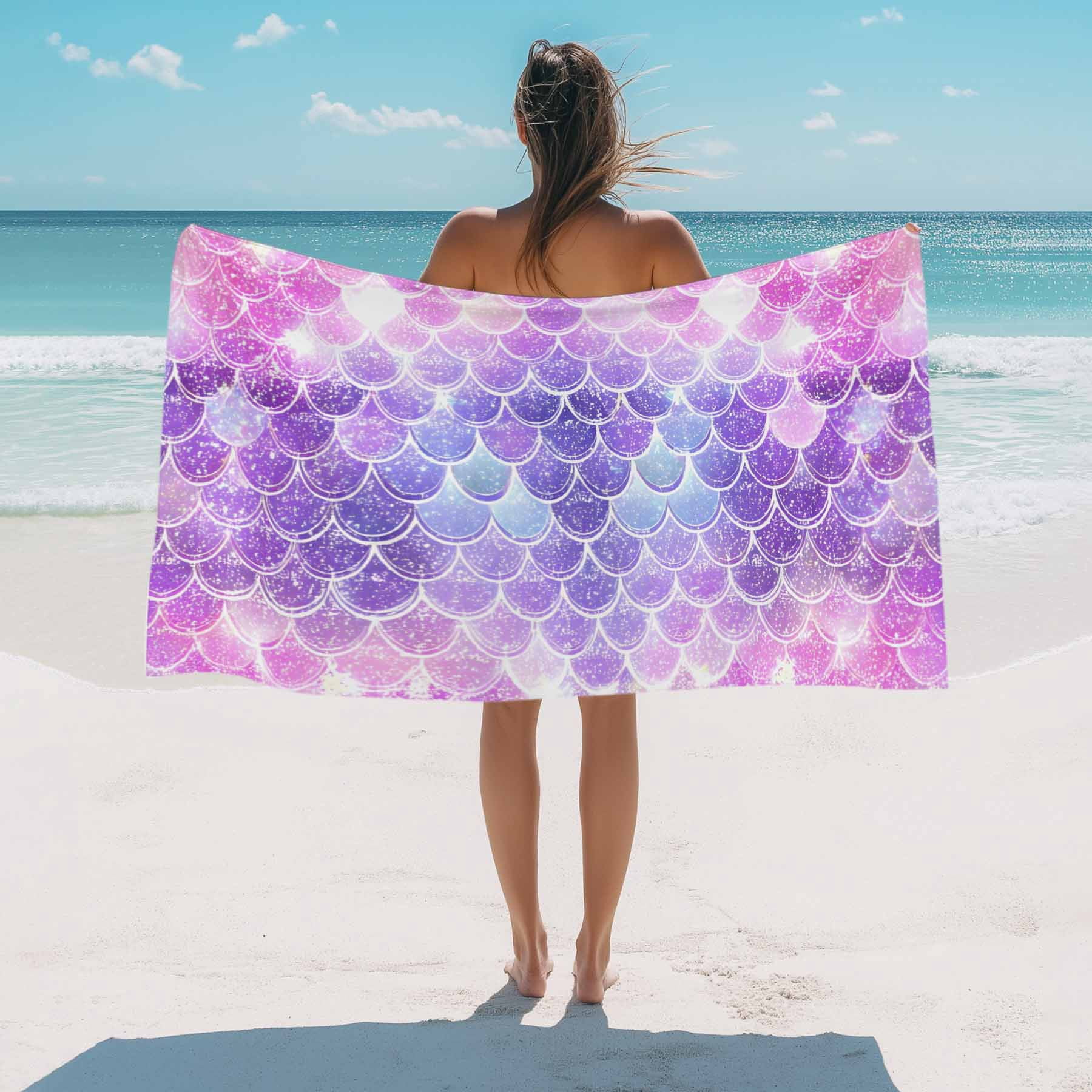 Purple Pink Mermaid Scales Beach Towels Blanket Soft&Absorbent Quick Dry Microfiber Gradual Fish Scale Pattern Pool Towels for Swimming ,Yoga, Sports, Gym, Camping,Large 35X70in,