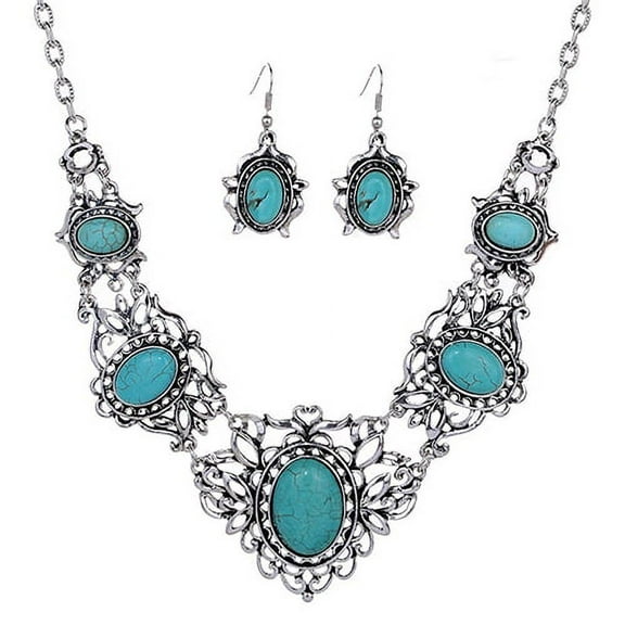 Besufy Women Jewelry Set,Hollow Tibetan Oval Turquoise Bib Collar Necklace Earrings Jewelry Set