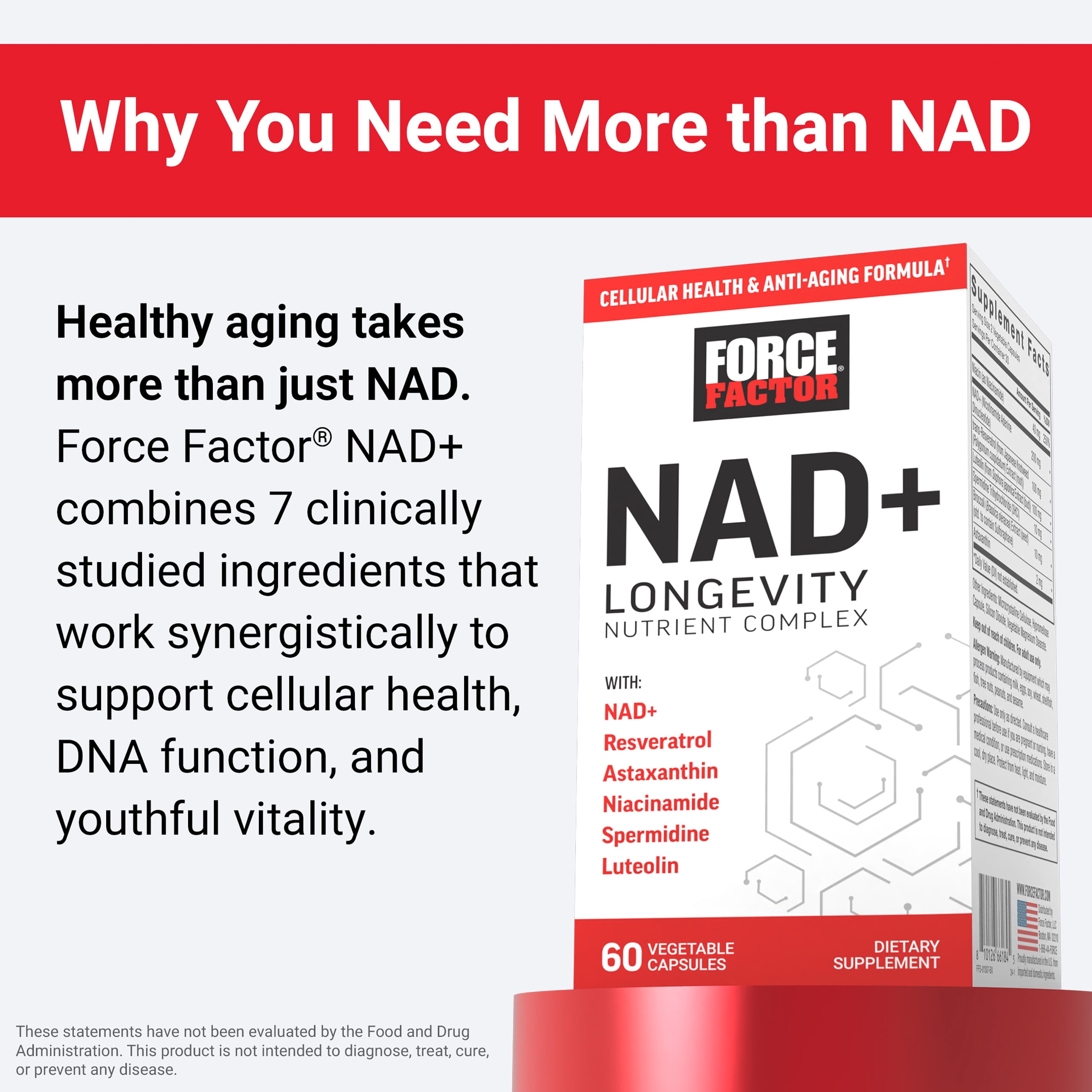 NAD+ Longevity Complex, NMN or Nicotinamide Riboside Alternative, Support Cellular Health & Healthy Aging, 60 Capsules