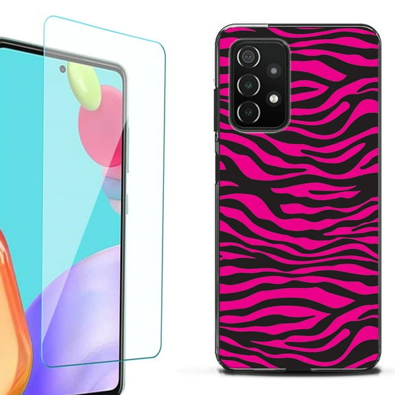 Slim-Fit Flexible TPU Gel Phone Case (black) for Samsung Galaxy A52 5G, with Tempered Glass Screen Protector, by OneToughShield ® - Zebra Pink