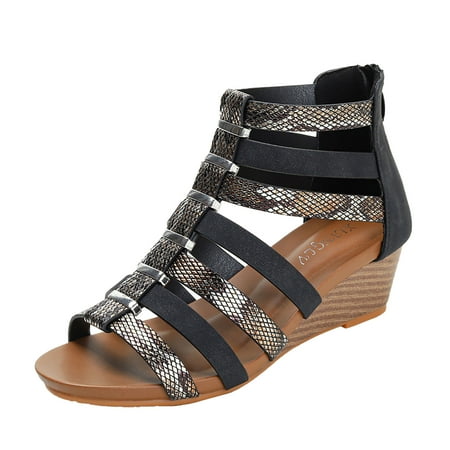 

Sandals Women Comfortable Slope Heel Summer Rome Breathable High Top Back Zipper Sandals