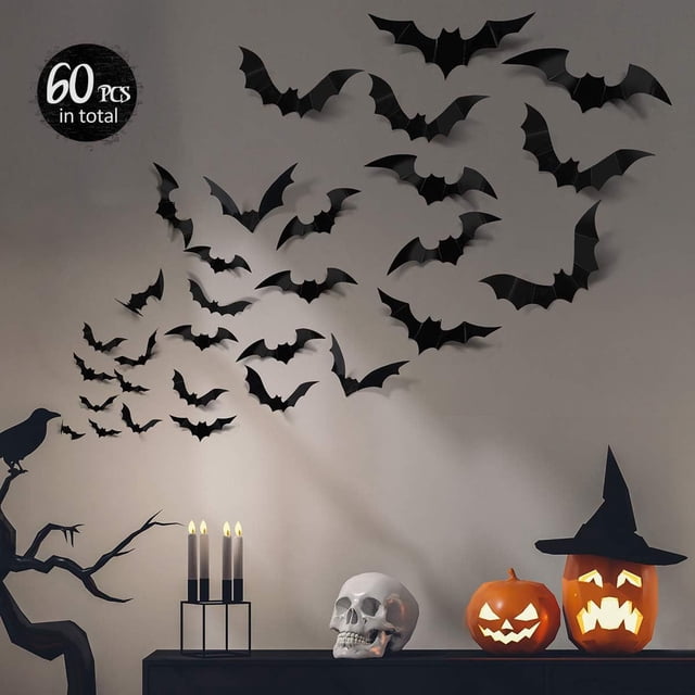 60 piezas de decoraciones de murciélagos de Halloween en 3D, 4 tamaños diferentes, realistas, aterradoras, para interiores y exteriores, decoraciones de ventanas