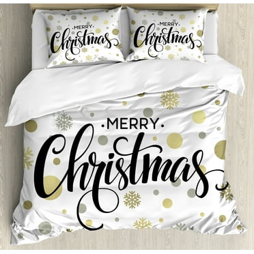 Christmas Queen Size Duvet Cover Set, Merry Christmas Stylized Lettering on Abstract Modern Snowflake Dot Pattern, Decorative 3 Piece Bedding Set with 2 Pillow Shams, Gold Taupe Black, by Ambesonne